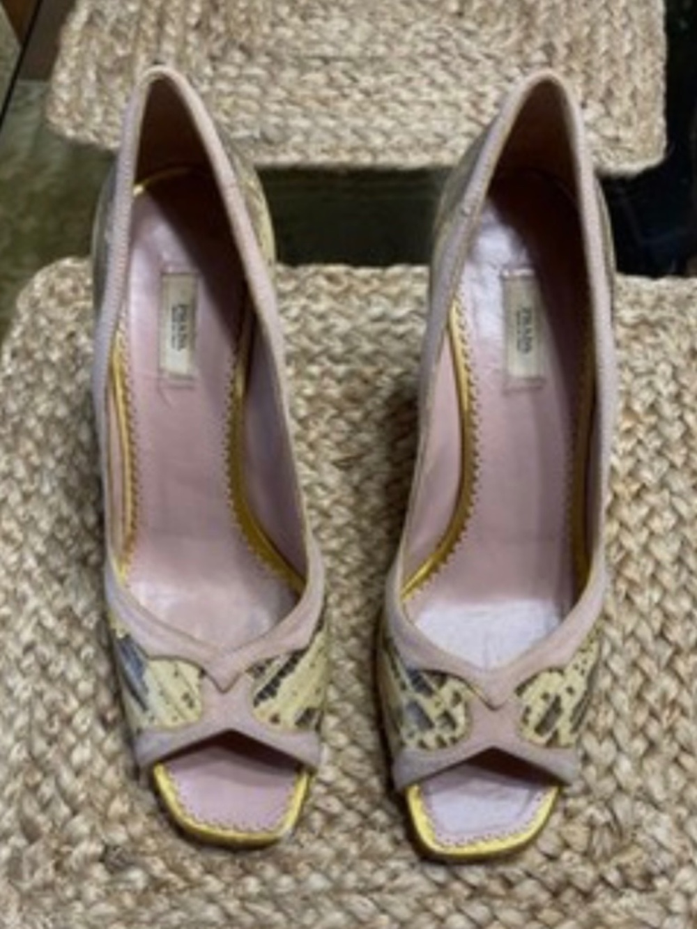 Prada alligator/ lizard gold pale pink peep toe heels Size 8 /38